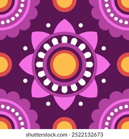 Patrón sin fisuras. Mandala étnico simétrico redondo sobre fondo púrpura oscuro. Patrón oriental, Ilustración vectorial. Mandala indio o árabe. Festival Diwali. Tela, papel de regalo.