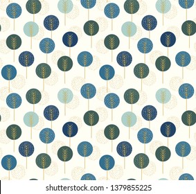 Seamless pattern with round tree inspired by scandinavian art. Scandinavian design illustration. Simple decorative vector with abstract trees. Seamless garden. Geometric forest background.