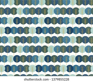 Seamless pattern with round tree inspired by scandinavian art. Scandinavian design illustration. Simple decorative vector with abstract trees. Seamless garden. Geometric forest background.