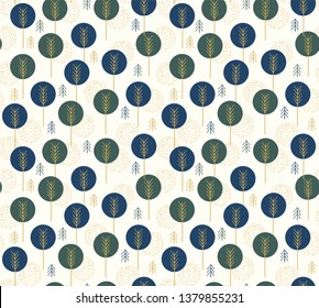 Seamless pattern with round tree inspired by scandinavian art. Scandinavian design illustration. Simple decorative vector with abstract trees. Seamless garden. Geometric forest background.