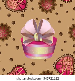 Seamless pattern with round vector gift box surrounded by cupcakes and jelly beans