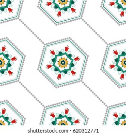 Seamless pattern of round wreath of green palm leaves, red tulips inside the shape of hexagon and dotted garlands. Islamic motif. Floral print on white background. Vector illustration