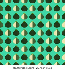 Seamless pattern with Round Zucchini or Eight Ball squash. Courgette or marrow. Summer squash. Cucubits. Fruit and vegetables. Flat style. Vector illustration isolated on turquoise background.