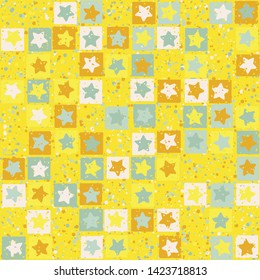 Seamless pattern. Rounded five-pointed stars inscribed in rounded irregular squares are arranged in torn rows against the background of the placer of round spots. Baby colors. Editable