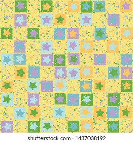 Seamless pattern. Rounded five-pointed stars inscribed in rounded irregular squares are arranged in torn rows against the background of the placer of round spots. Baby colors. Editable