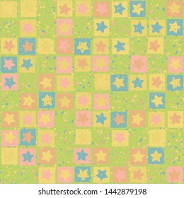 Seamless pattern. Rounded five-pointed stars inscribed in rounded irregular squares are arranged in torn rows against the background of the placer of round spots. Baby colors. Editable