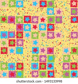 Seamless pattern. Rounded five-pointed stars inscribed in rounded irregular squares are arranged in torn rows against the background of the placer of round spots. Baby colors. Editable