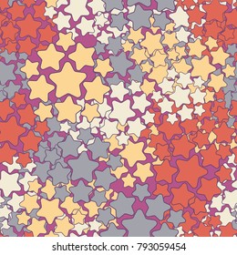 Seamless pattern of rounded five-pointed stars. Six-color texture. Fashionable camouflage.