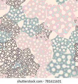 Seamless pattern. Rounded holey pentagons. Six-color texture.