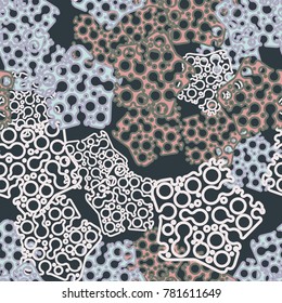 Seamless pattern. Rounded holey pentagons. Six-color texture.