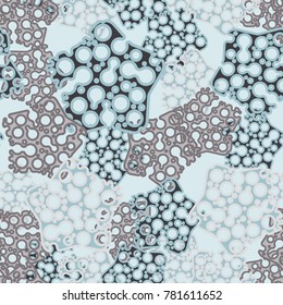 Seamless pattern. Rounded holey pentagons. Six-color texture.