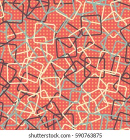 Seamless pattern. Rounded rectangles. Checkered background. Grungy textiles. Children's wallpaper. Random order. Colourful chaos.