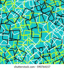 Seamless pattern. Rounded rectangles. Checkered background. Grungy textiles. Children's wallpaper. Random order. Colourful chaos.