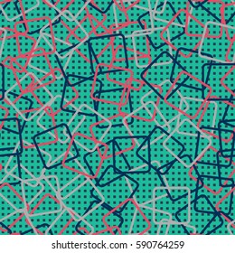 Seamless pattern. Rounded rectangles. Checkered background. Grungy textiles. Children's wallpaper. Random order. Colourful chaos.