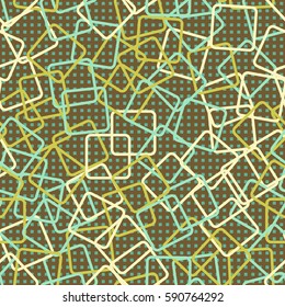 Seamless pattern. Rounded rectangles. Checkered background. Grungy textiles. Children's wallpaper. Random order. Colourful chaos.