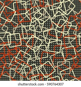 Seamless pattern. Rounded rectangles. Checkered background. Grungy textiles. Children's wallpaper. Random order. Colourful chaos.