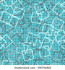 Seamless pattern. Rounded rectangles. Checkered background. Grungy textiles. Children's wallpaper. Random order. Colourful chaos.