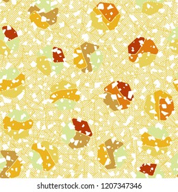 Seamless pattern. Rounded shabby heptagons against the background of diagonally striped squares.