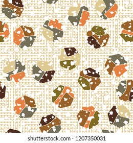 Seamless pattern. Rounded shabby heptagons against the background of concentric squares.