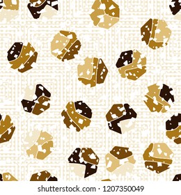 Seamless pattern. Rounded shabby heptagons against the background of concentric squares.