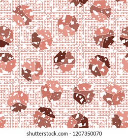 Seamless pattern. Rounded shabby heptagons against the background of concentric squares.