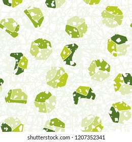 Seamless pattern. Rounded shabby heptagons against chaos of lines.