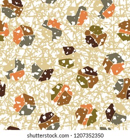 Seamless pattern. Rounded shabby heptagons against chaos of lines.