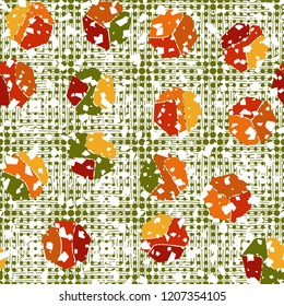 Seamless pattern. Rounded shingled heptagons against the background of round spots and wavy squares.