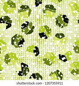 Seamless pattern. Rounded shingled heptagons against the backdrop of concentric shapes and round spots.