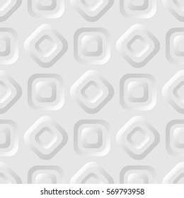 Seamless pattern. Rounded square relief items. Grey tones.