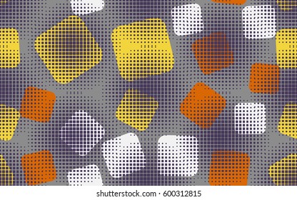 Seamless pattern. Rounded squares. Halftone transparent spheres. Grunge image. Children's textiles Fashion camouflage. Flat. Cartoon. Abstraction.