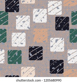 Seamless pattern with rounded squares on the background of abstract flowers. With the ability to edit.