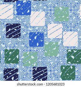 Seamless pattern with rounded squares on the background of abstract flowers. With the ability to edit.
