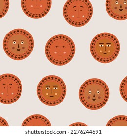 Seamless pattern, roundish abstract faces. Art background, lad strange image. Surface design with simple shapes
