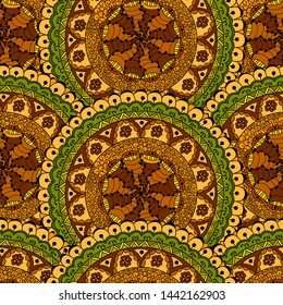 Seamless pattern with rounds with arabic, oriental, indian, ethnic motiv. Traditional ornament, mandala. Vector Illustration