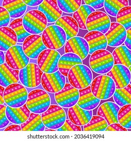 Seamless pattern, round-shaped toy. Colorful sensory anti-stress toy for fidget pop it. Colorful silicone bubbles. A fashionable toy with a simple dimple of rainbow color on a purple background.