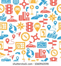 Seamless Pattern with Route Related Vector Silhouette Icons. Flat web icons set - location, navigation, transportation. Background with Navigation Road icons. Vector flat illustration.
