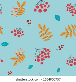 A seamless pattern with rowan berries and autumn leaves. A vector doodle illustration for design and print on fabric and paper.