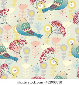 Seamless pattern with rowan berries and bird.