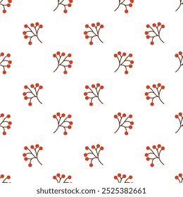 Seamless pattern with rowan berries branches. Vector flat illustration.