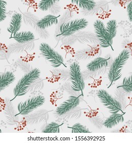 Seamless pattern with rowan berries and fir branches. Vector illustration on gray background.