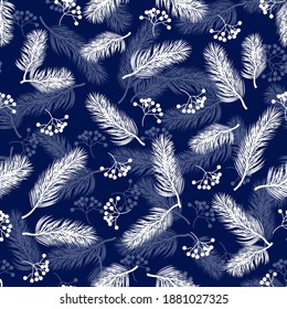 Seamless pattern with rowan berries and fir branches. Vector illustration on blue background.