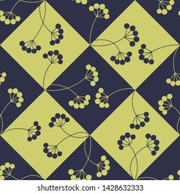 Seamless pattern with rowan berries on blue and yellow background. Vector illustration.