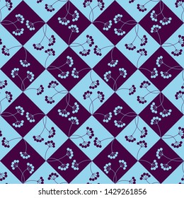 Seamless pattern with rowan berries on square  background blue and violet color. Vector illustration.