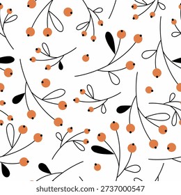Seamless pattern with rowan berries in orange and black