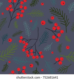 Seamless pattern with rowan berry and fir branches. Christmas vector background for wedding, invitations, textile, wrapping paper