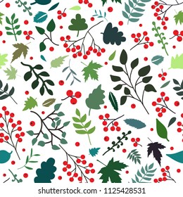 Seamless pattern with rowan berry and leaves. Forest inspiration. Vector background for wedding, invitations, textile, wrapping paper.