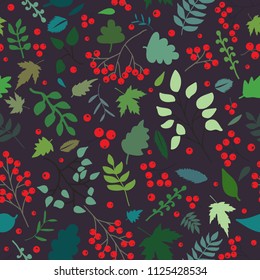 Seamless pattern with rowan berry and leaves. Forest inspiration. Vector background for wedding, invitations, textile, wrapping paper.
