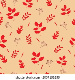 Patrón sin foco con ramas de rowan y hojas de otoño en colores rosados rojos. Perfecto para papel de pared, papel de regalo, relleno de patrones, fondo de página web, tarjetas de felicitación de otoño.ilustrador,vector