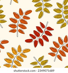 Seamless pattern with rowan leaf in line art flat style. Astract leaf texture, endless background. For wallpaper, pattern fills, web page background.